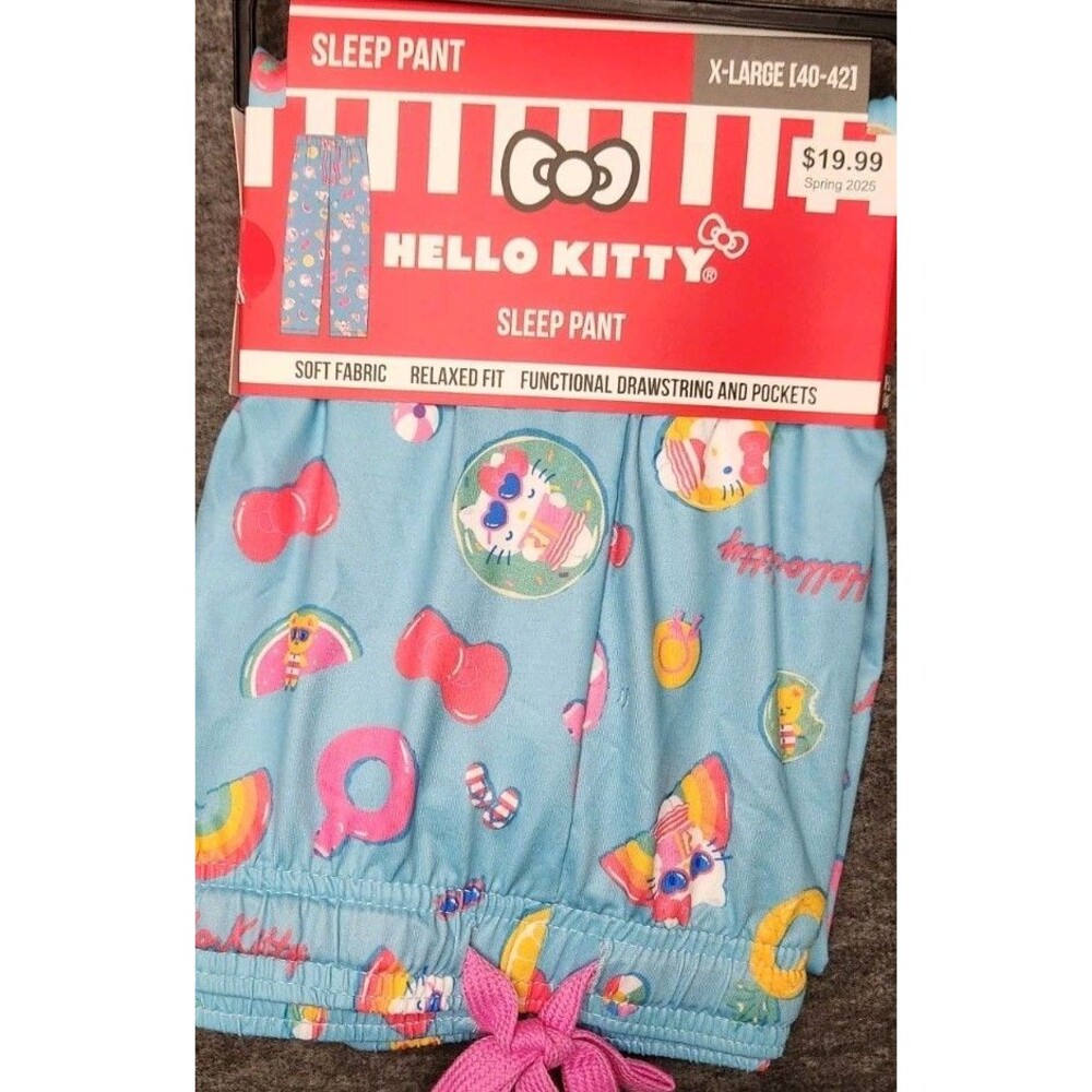 Hello Kitty Sleep Pants XL Blue Pockets Drawstring Soft Relaxed Fit New